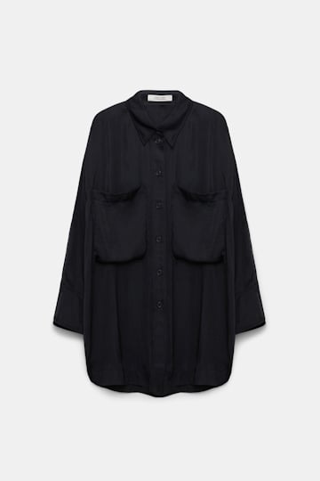 Dorothee Schumacher Oversized shirt in crinkle satin with patch pockets pure black