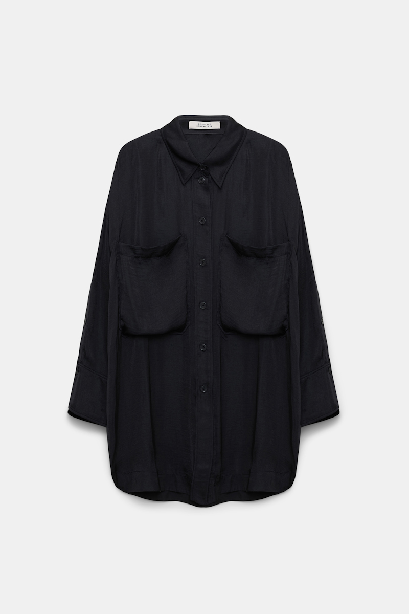 Dorothee Schumacher Oversized Shirt In Crinkle Satin With Patch Pockets In Black