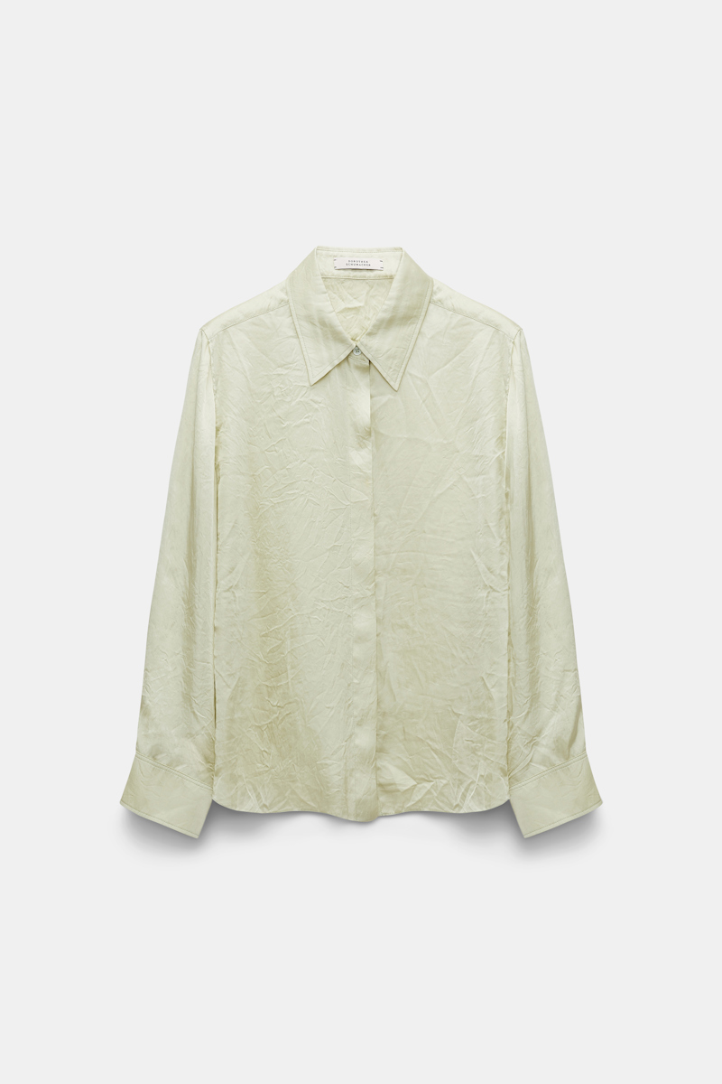 Dorothee Schumacher Oversized Shirt In Crinkle Satin With Patch Pockets In Green