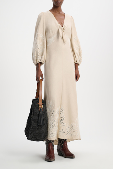 Dorothee Schumacher Linen midi dress with contrast broderie anglaise soft beige
