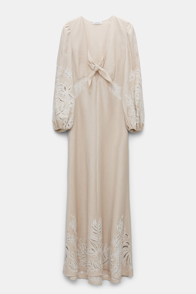 Shop Dorothee Schumacher Linen Midi Dress With Contrast Broderie Anglaise In Beige