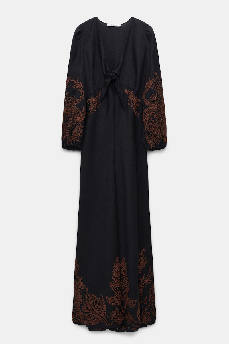 Dorothee Schumacher Linen Midi Dress With Contrast Broderie Anglaise In Black