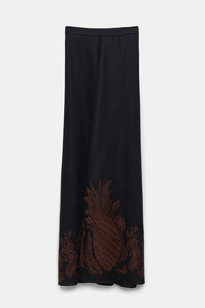 Shop Dorothee Schumacher Linen Midi Skirt With Contrast Broderie Anglaise In Black