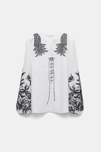 EXQUISITE LUXURY blouse Dorothee Schumacher Linen blouse with contrast broderie anglaise camellia white