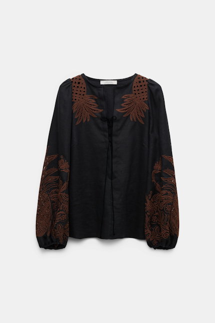 EXQUISITE LUXURY blouse Dorothee Schumacher Linen blouse with contrast broderie anglaise pure black
