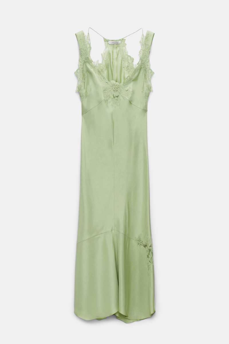 Shop Dorothee Schumacher Silk Twill Lingerie-style Dress With Details In Lace In Green