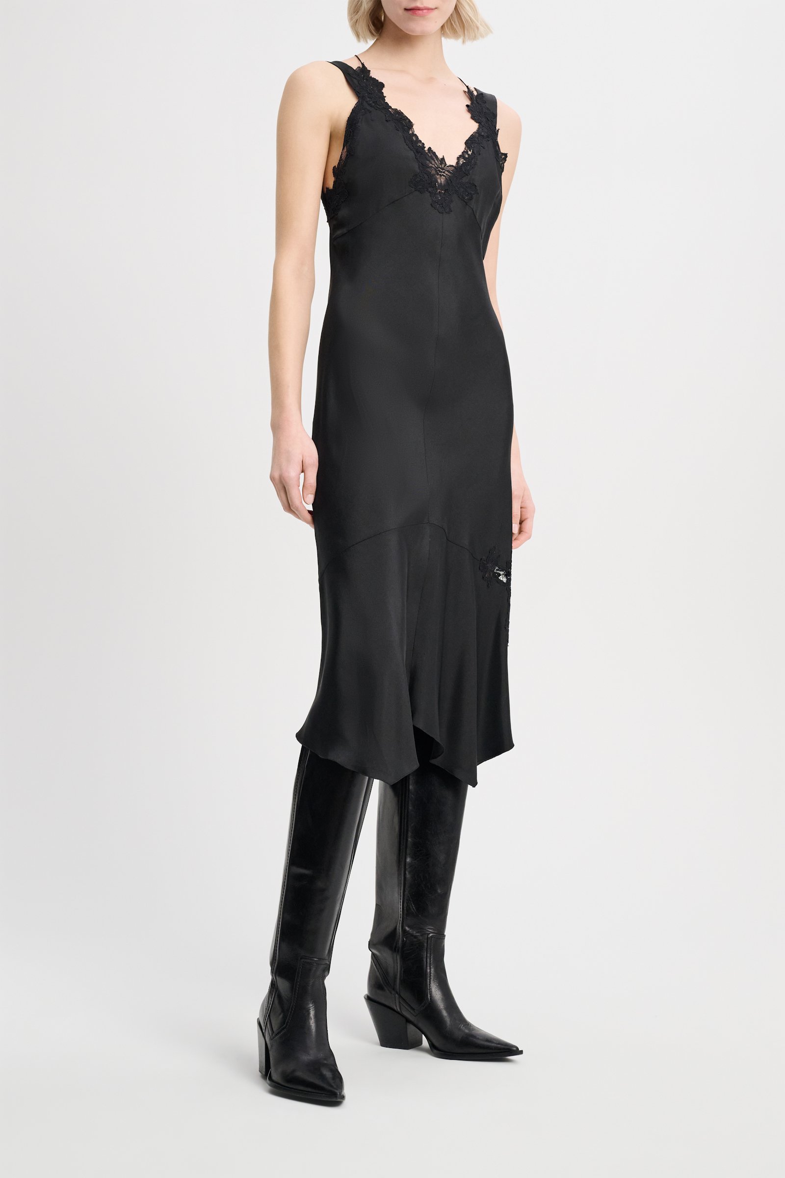 Dorothee Schumacher Silk twill lingerie-style dress with details in lace pure black