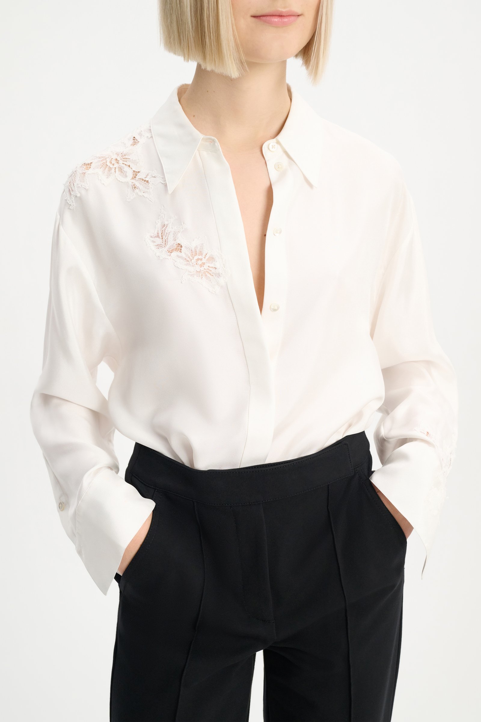 Dorothee Schumacher Silk twill shirt with asymmetric lace inserts on one shoulder and sleeve camellia white