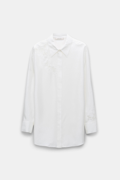 Dorothee Schumacher Silk twill shirt with asymmetric lace inserts on one shoulder and sleeve camellia white