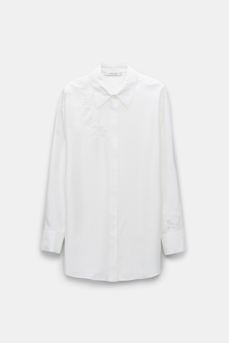 Dorothee Schumacher Silk Twill Shirt With Asymmetric Lace Inserts On One Shoulder And Sleeve In White