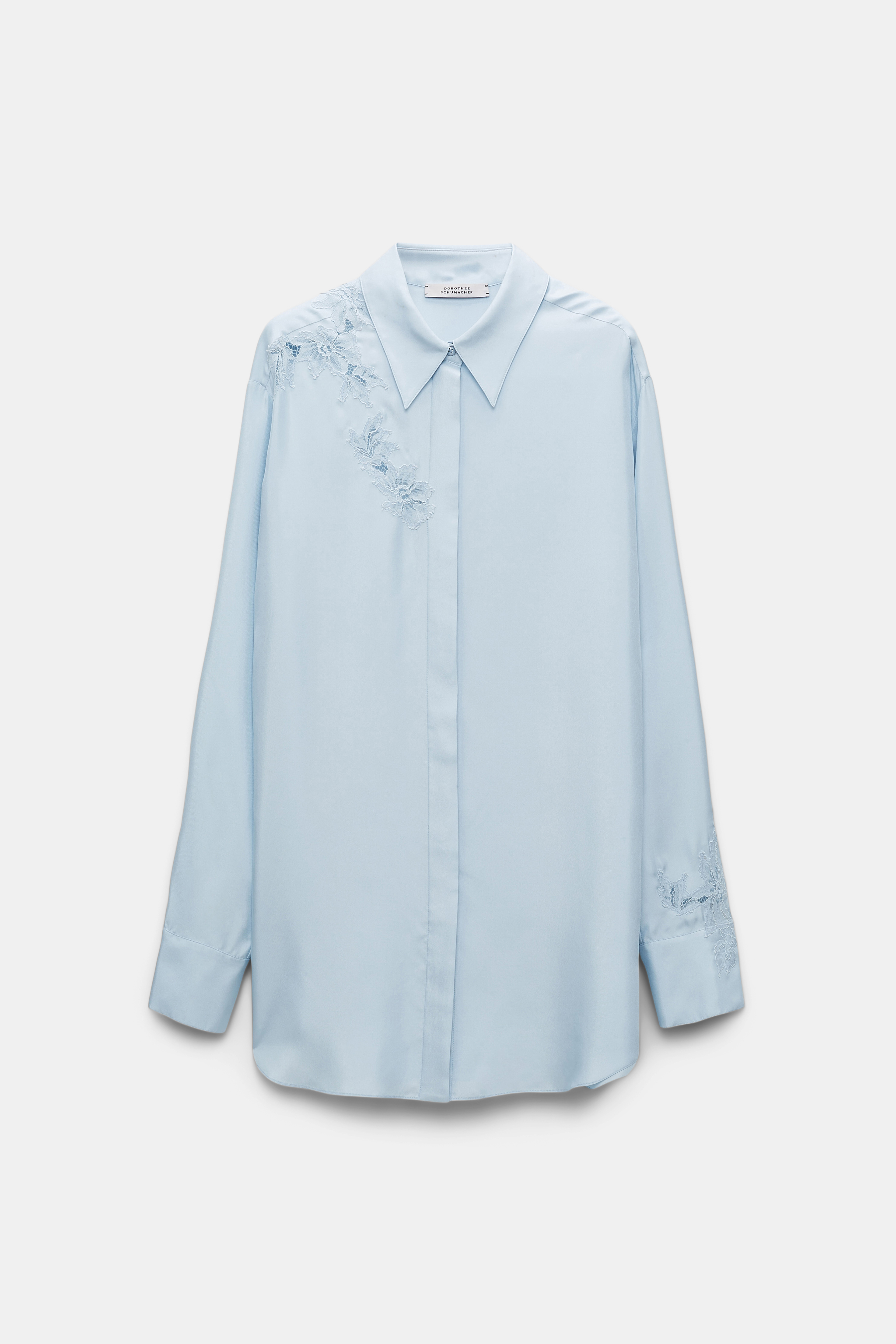 Dorothee Schumacher Silk twill shirt with asymmetric lace inserts on one shoulder and sleeve soft blue