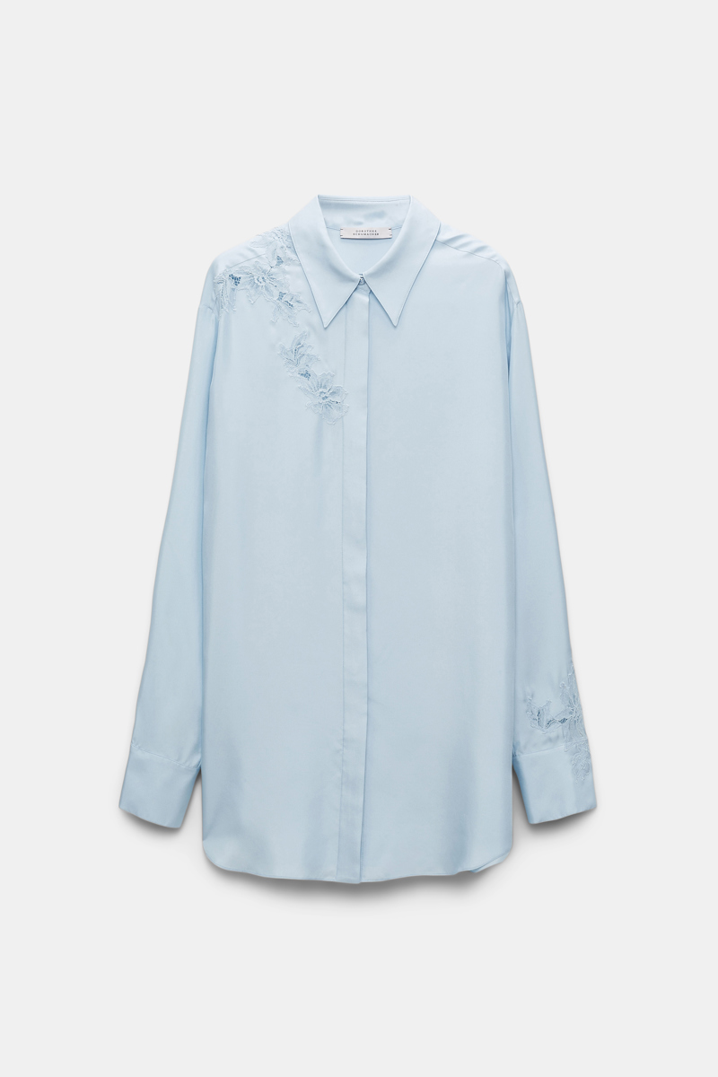 Dorothee Schumacher Silk Twill Shirt With Asymmetric Lace Inserts On One Shoulder And Sleeve In Blue