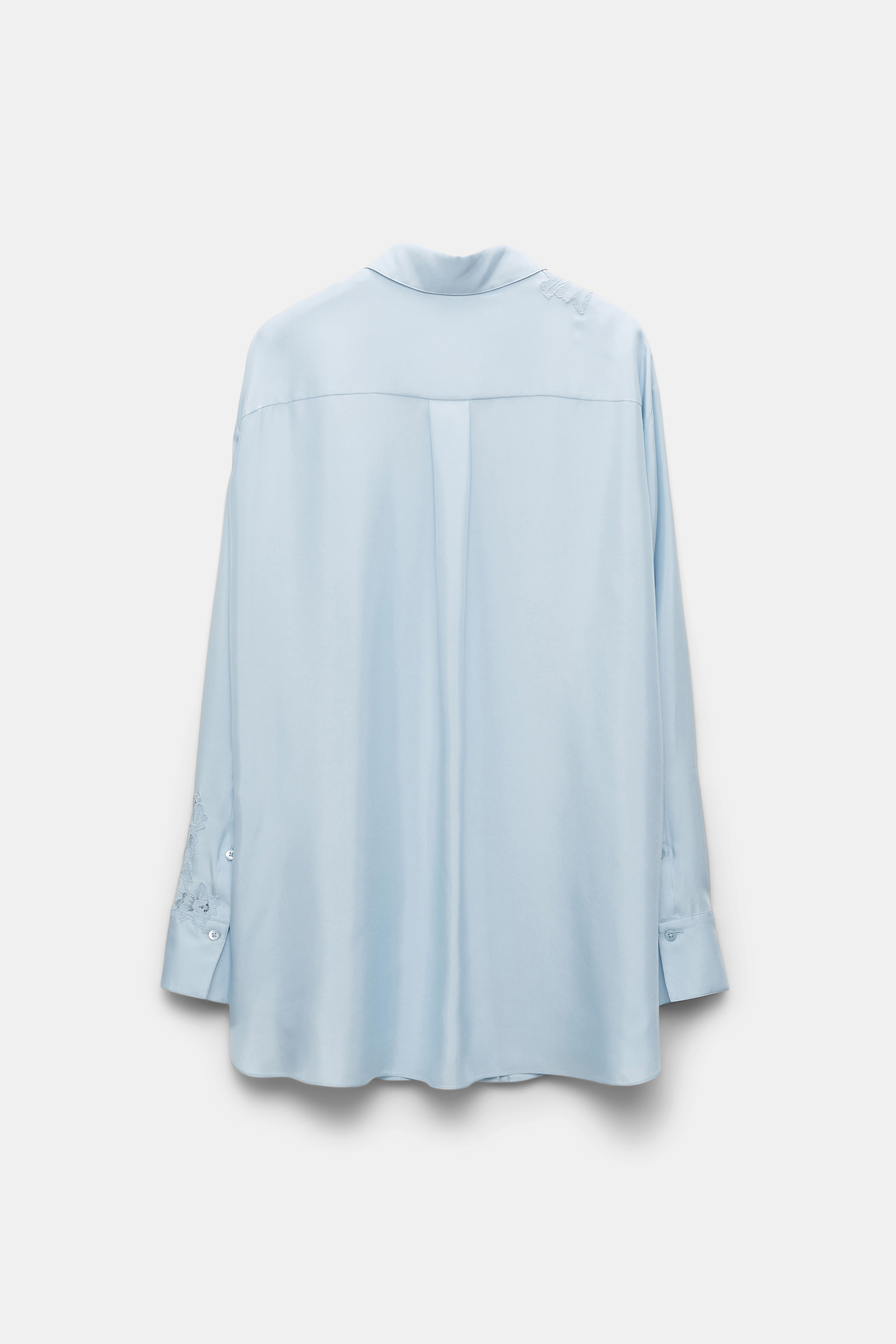 Dorothee Schumacher Silk twill shirt with asymmetric lace inserts on one shoulder and sleeve soft blue