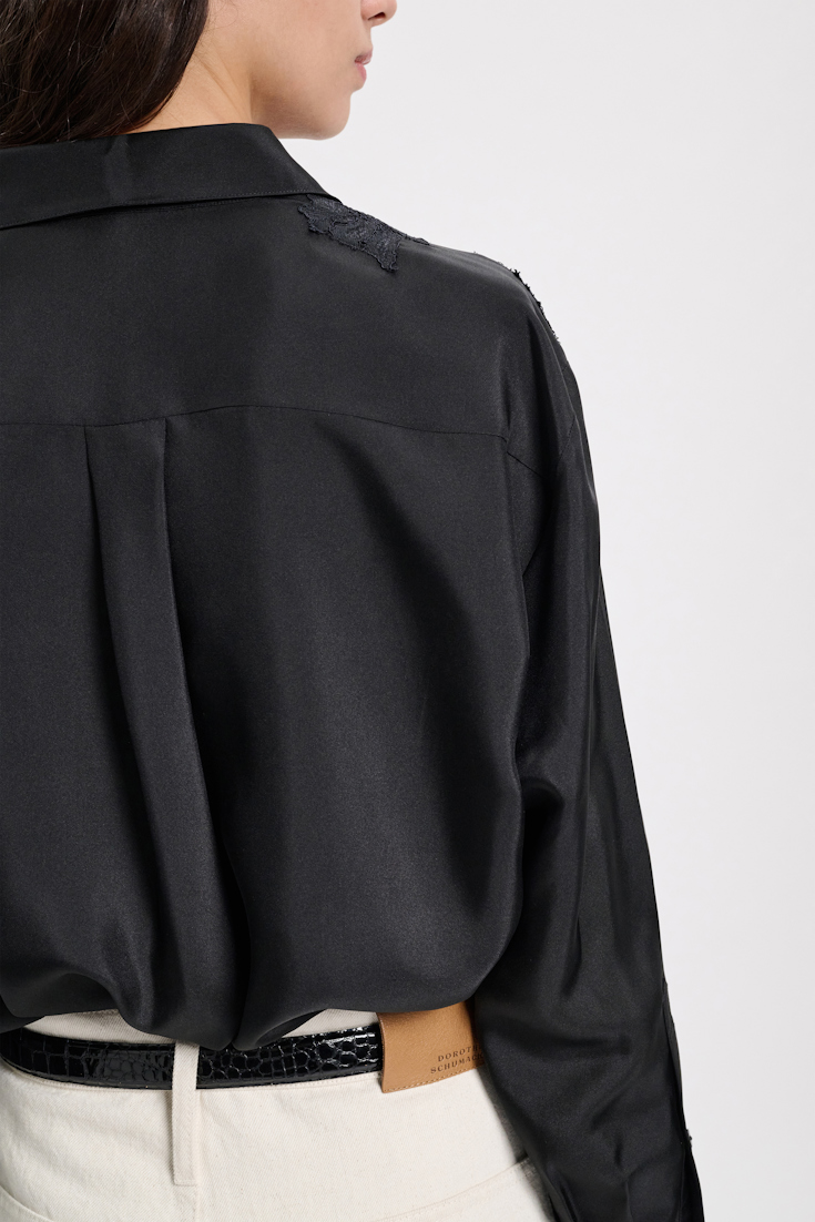 Dorothee Schumacher Silk twill shirt with asymmetric lace inserts on one shoulder and sleeve pure black
