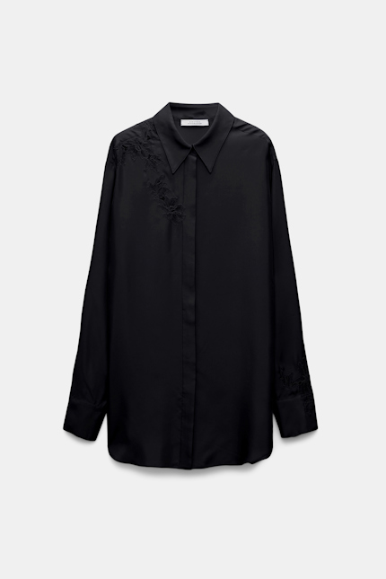 SENSUAL COOLNESS blouse Dorothee Schumacher Silk twill shirt with asymmetric lace inserts on one shoulder and sleeve pure black