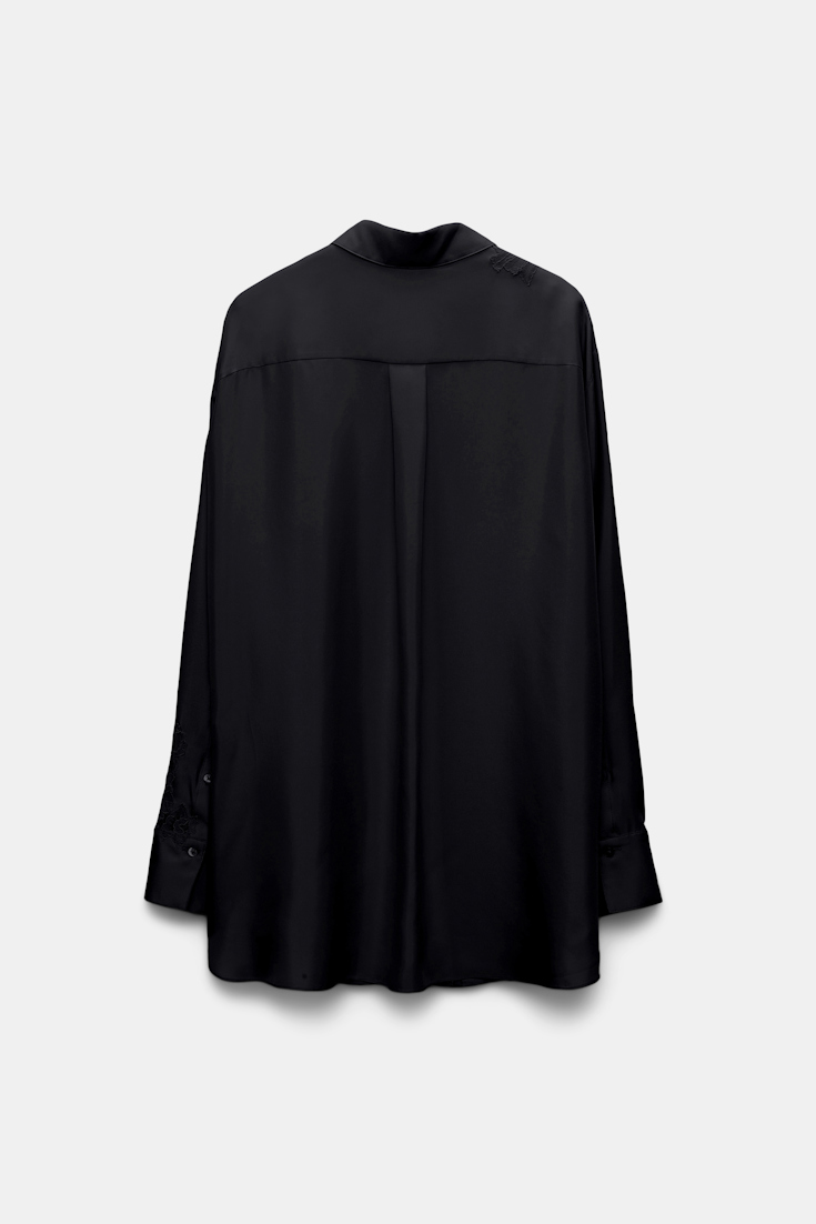 Dorothee Schumacher Silk twill shirt with asymmetric lace inserts on one shoulder and sleeve pure black
