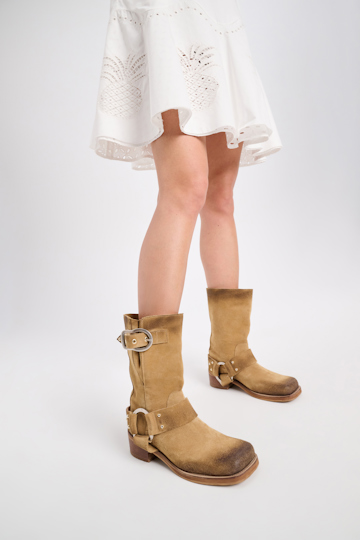 Dorothee Schumacher Waxed suede square toe biker boots camel