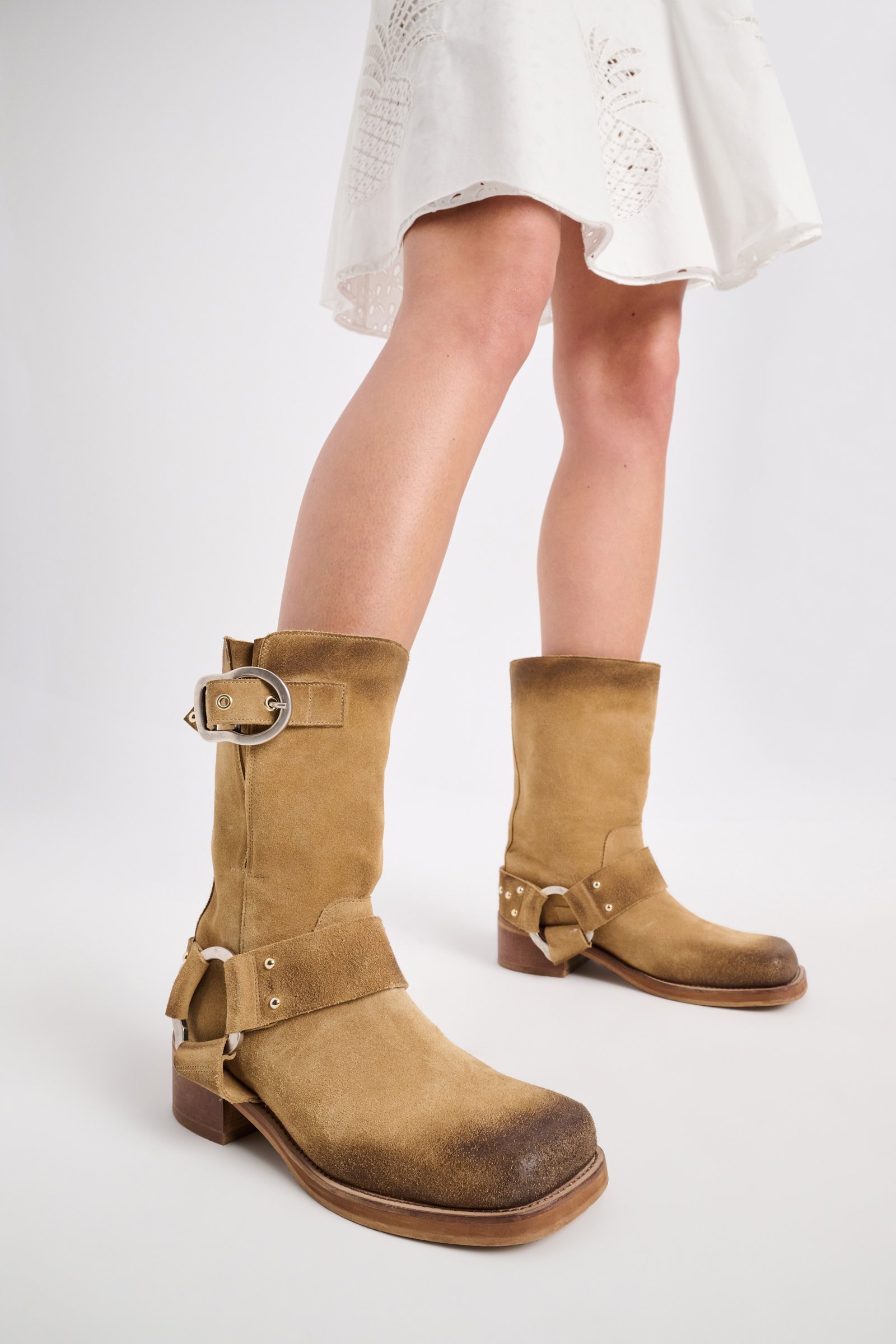 Dorothee Schumacher Waxed suede square toe biker boots camel