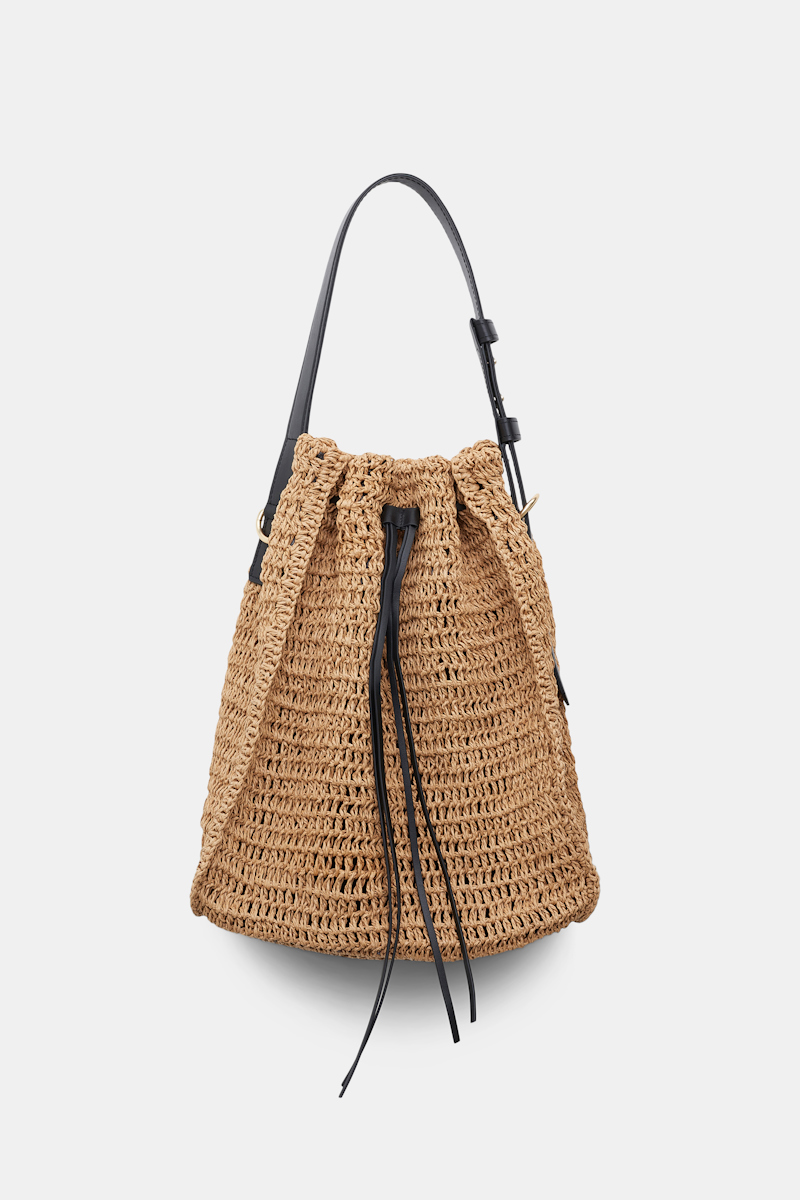 Shop Dorothee Schumacher Woven Raffia Drawstring Satchel With Leather Detailing In Brown