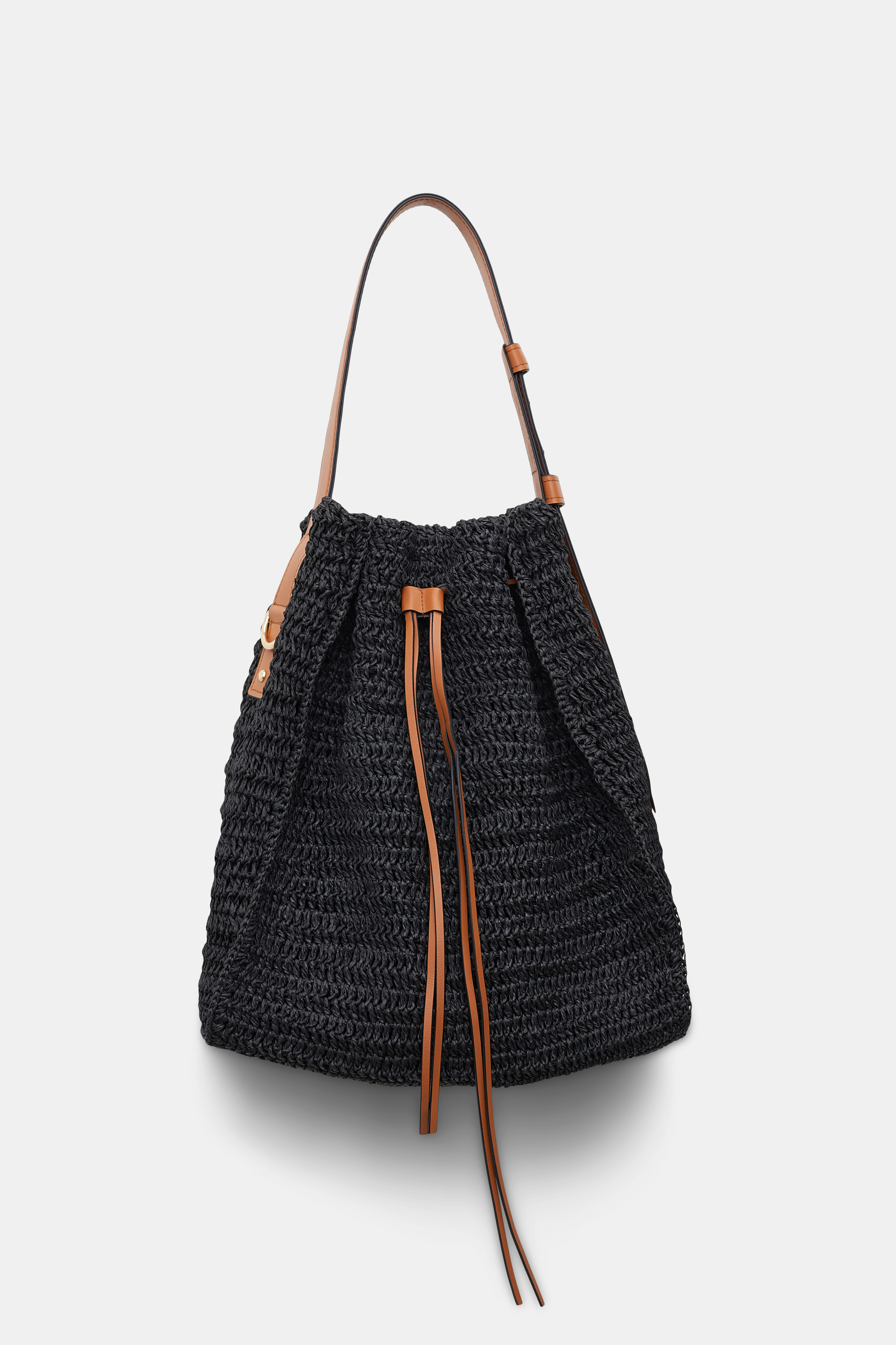 Dorothee Schumacher Woven raffia drawstring satchel with leather detailing pure black