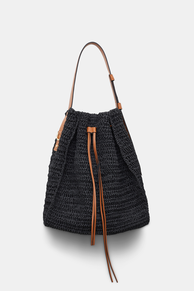 Shop Dorothee Schumacher Woven Raffia Drawstring Satchel With Leather Detailing In Black