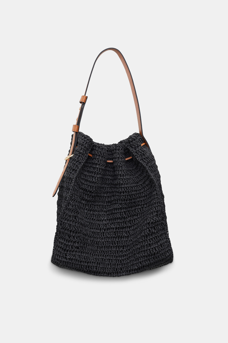 Dorothee Schumacher Woven raffia drawstring satchel with leather detailing pure black
