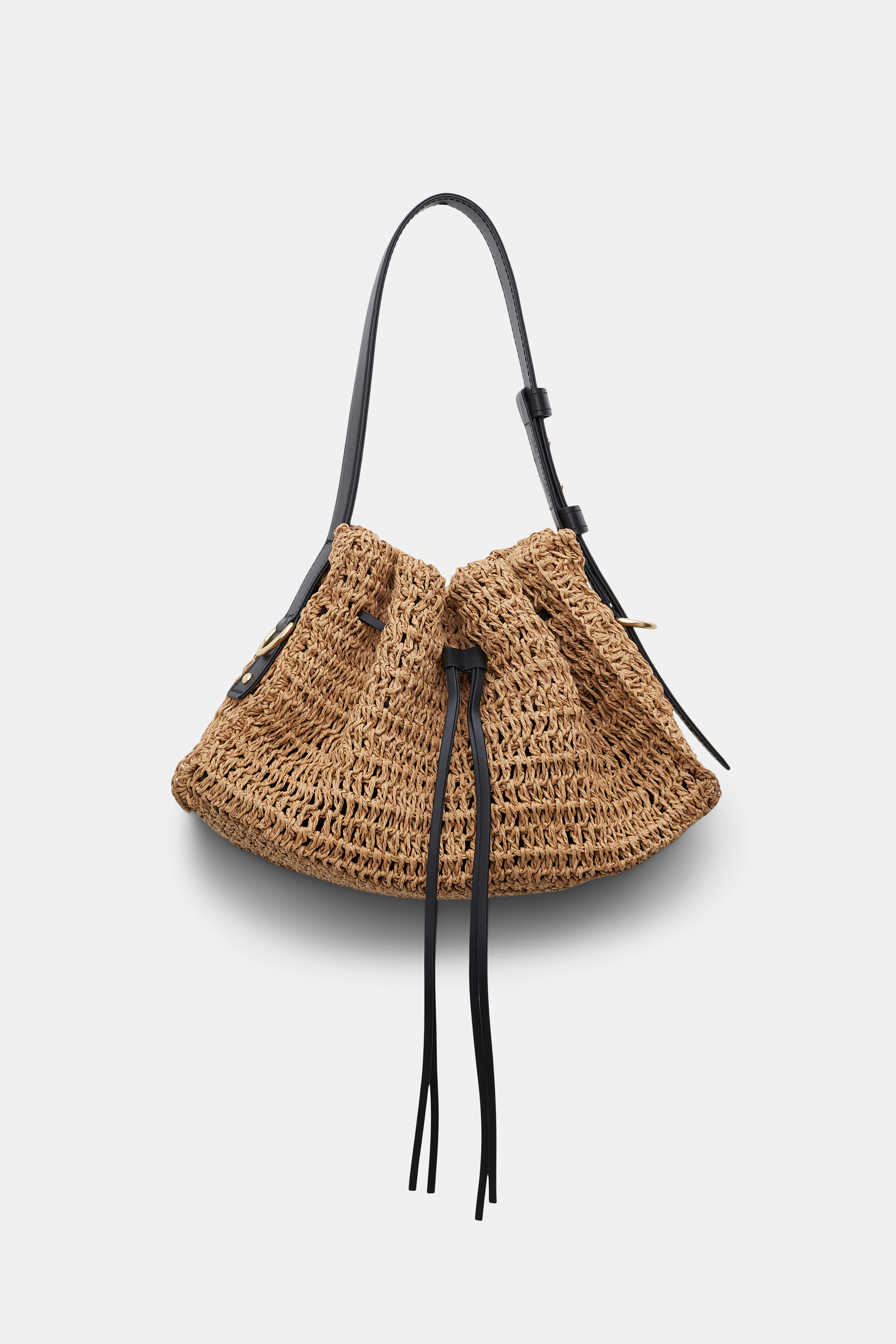 Dorothee Schumacher Petite woven raffia drawstring satchel with leather detailing rusty brown