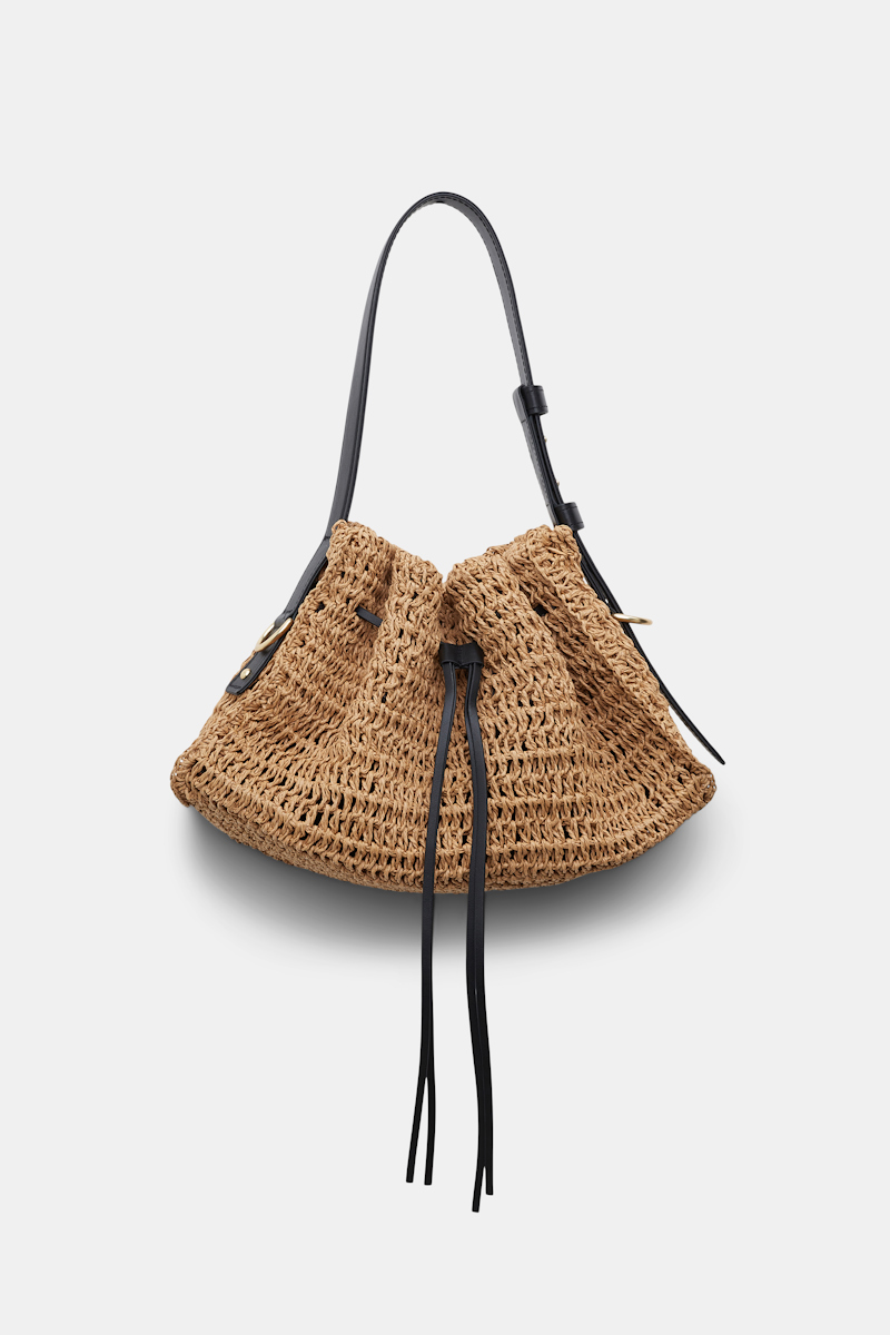 Shop Dorothee Schumacher Petite Woven Raffia Drawstring Satchel With Leather Detailing In Brown