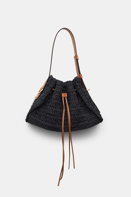 CHIC RAFFIA handbag Dorothee Schumacher Petite woven raffia drawstring satchel with leather detailing pure black
