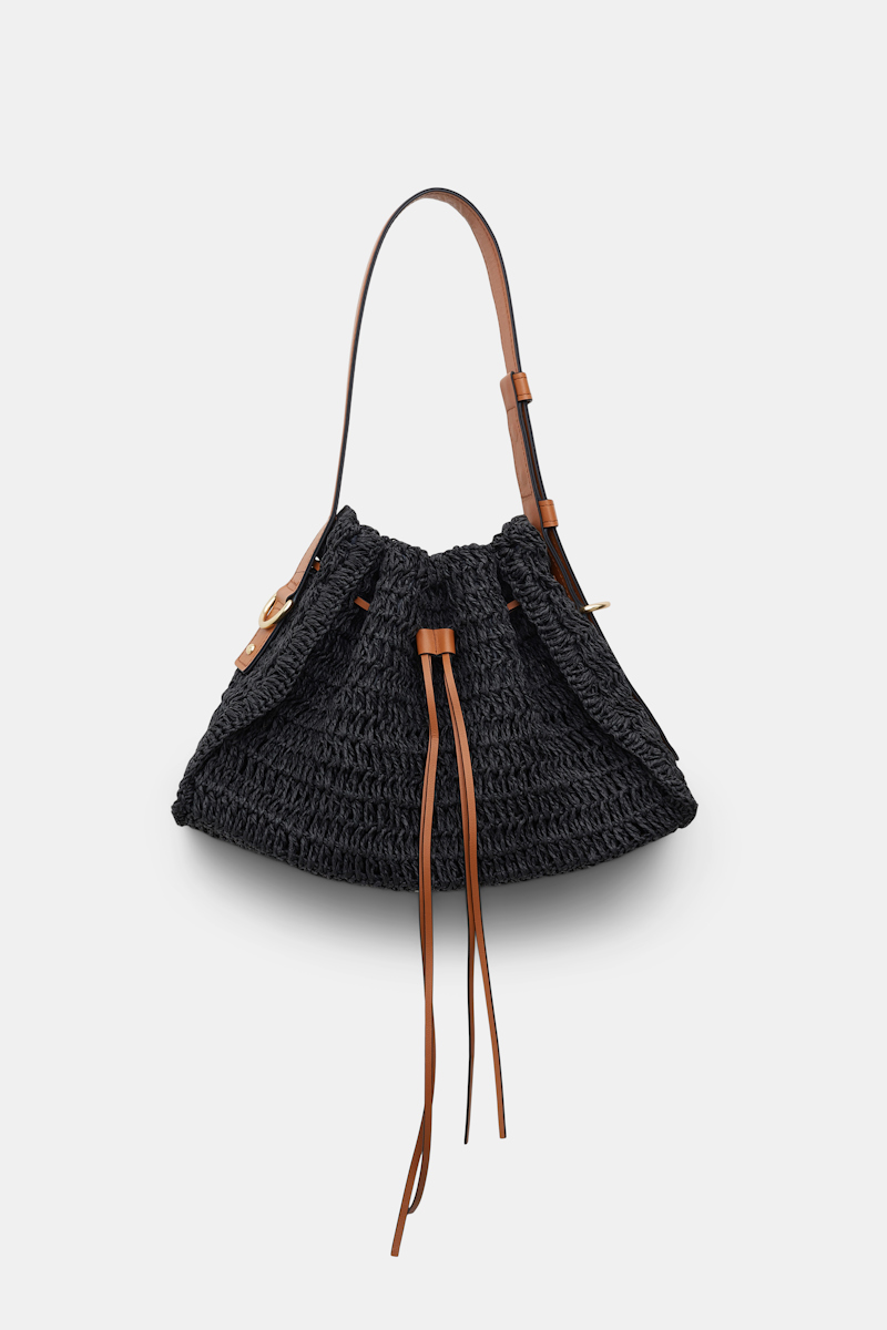 Shop Dorothee Schumacher Petite Woven Raffia Drawstring Satchel With Leather Detailing In Black