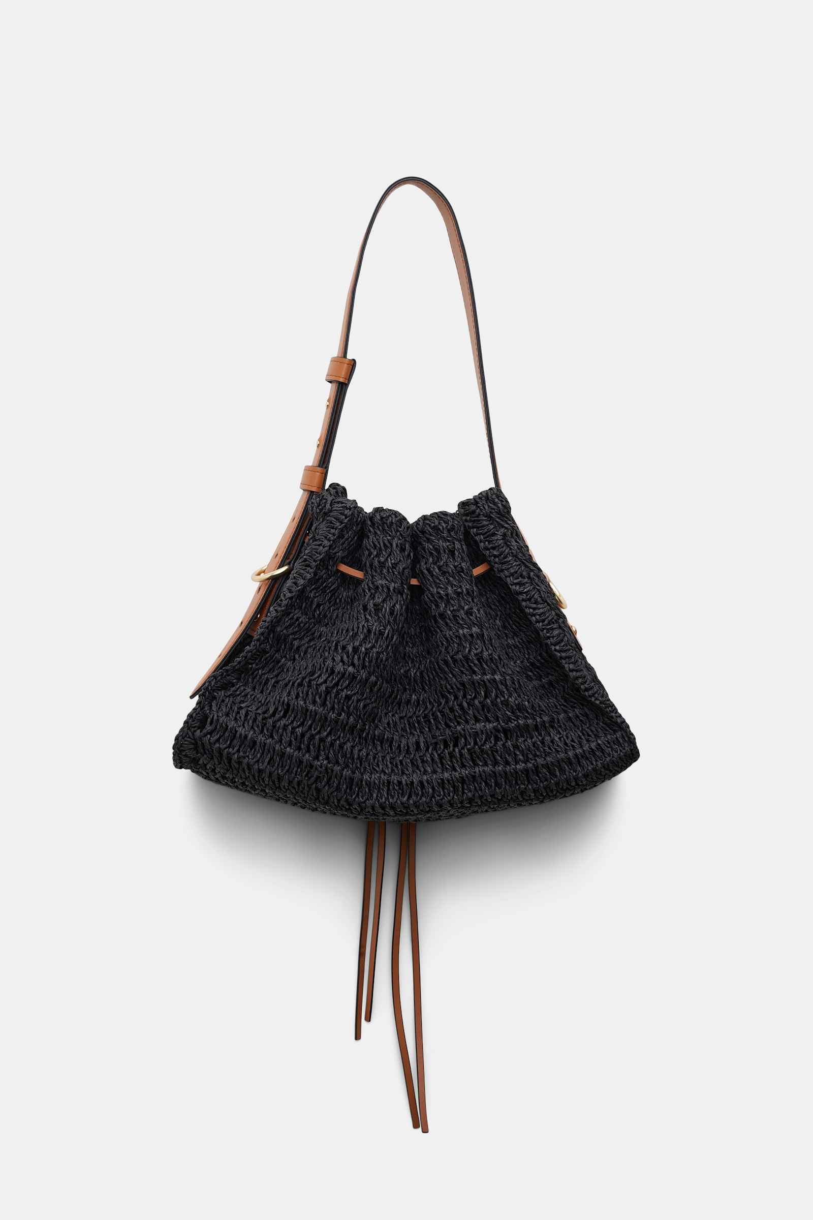 Dorothee Schumacher Petite woven raffia drawstring satchel with leather detailing pure black