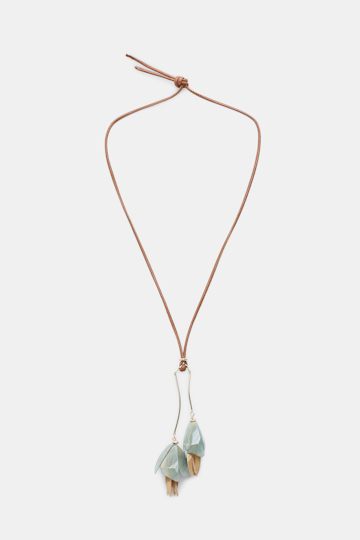 Dorothee Schumacher Necklace with hanging flower pendant on leather cord sage green