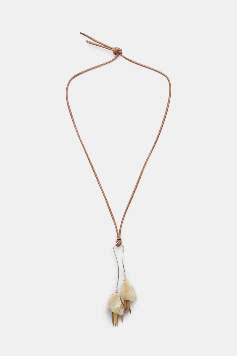 Dorothee Schumacher Necklace With Hanging Flower Pendant On Leather Cord In Beige