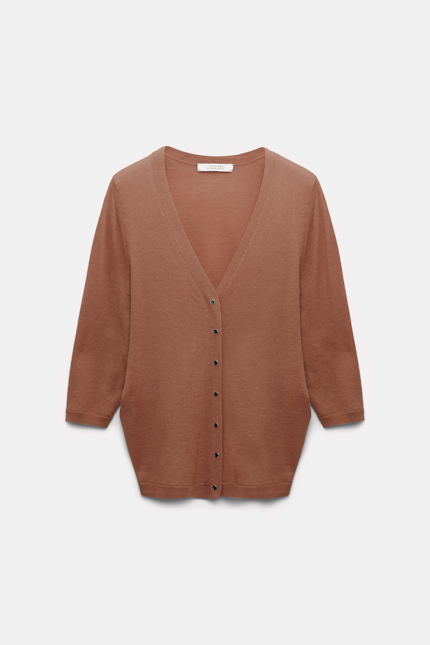 REFINED ESSENTIALS cardigan Dorothee Schumacher V-Neck Cardigan mit verkürztem Rücken dark beige