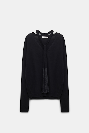 Dorothee Schumacher V-neck pullover with fringed tie pure black