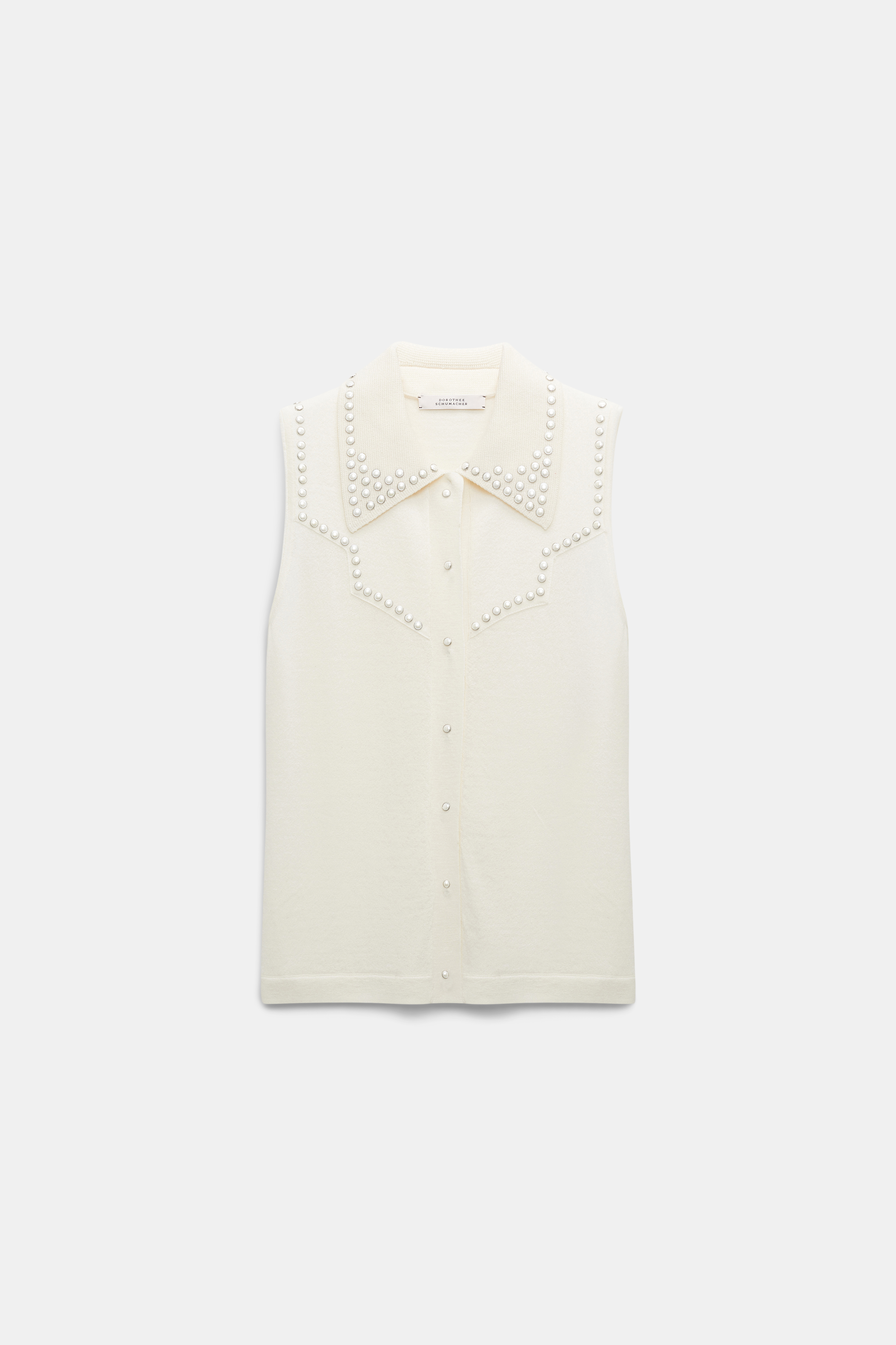 Dorothee Schumacher Embellished sleeveless knit shirt with polo collar camellia white