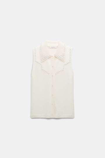 Dorothee Schumacher Embellished sleeveless knit shirt with polo collar camellia white