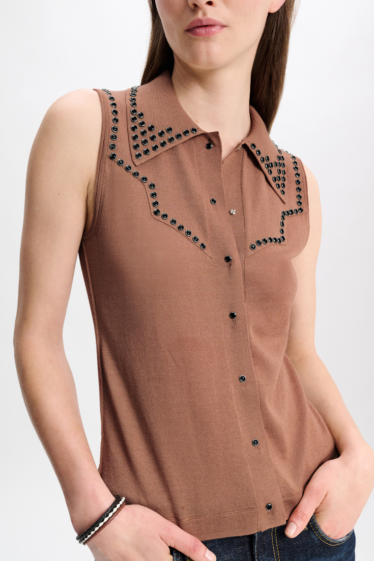 Dorothee Schumacher Embellished sleeveless knit shirt with polo collar dark beige