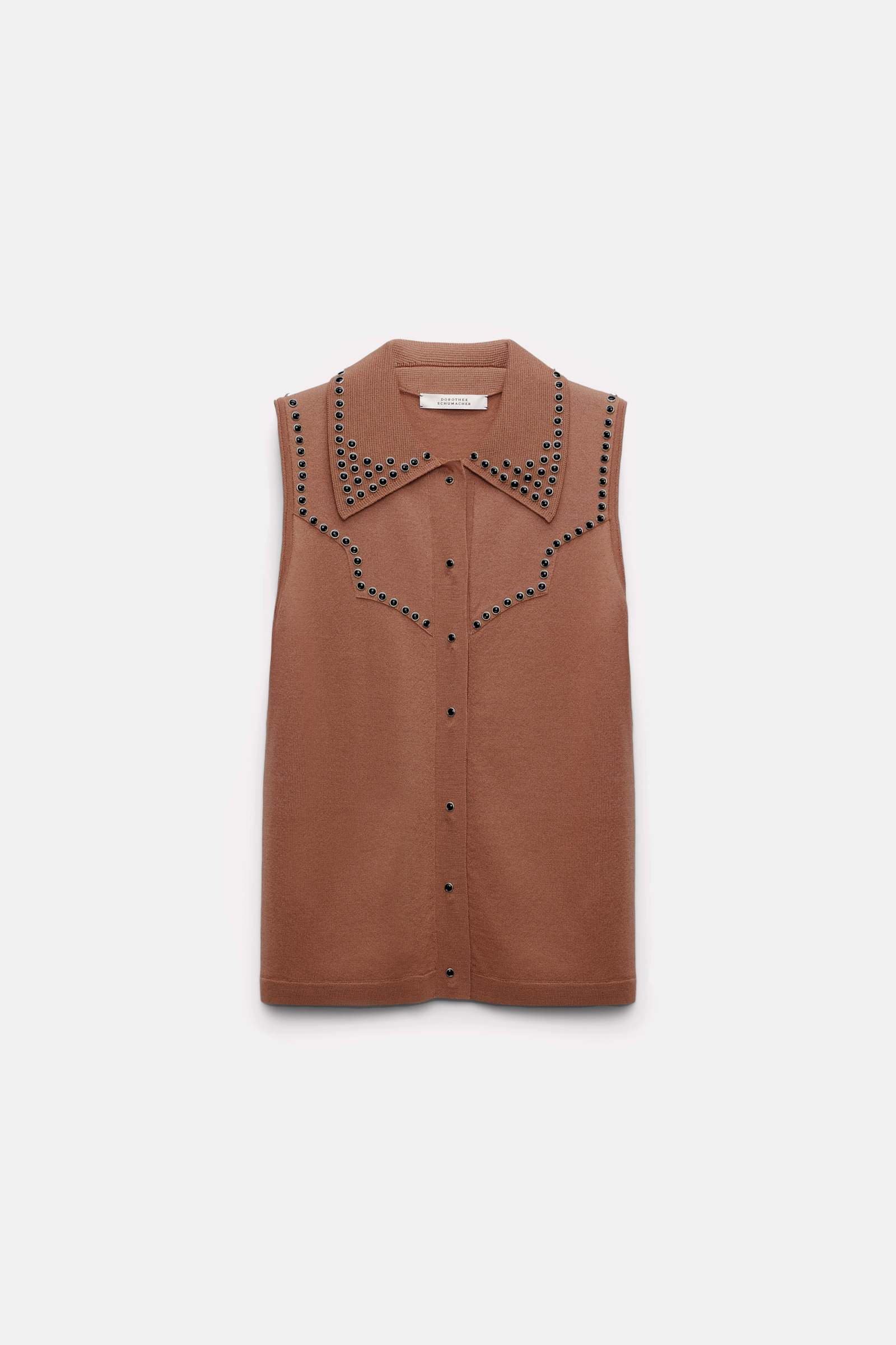 Dorothee Schumacher Embellished sleeveless knit shirt with polo collar dark beige