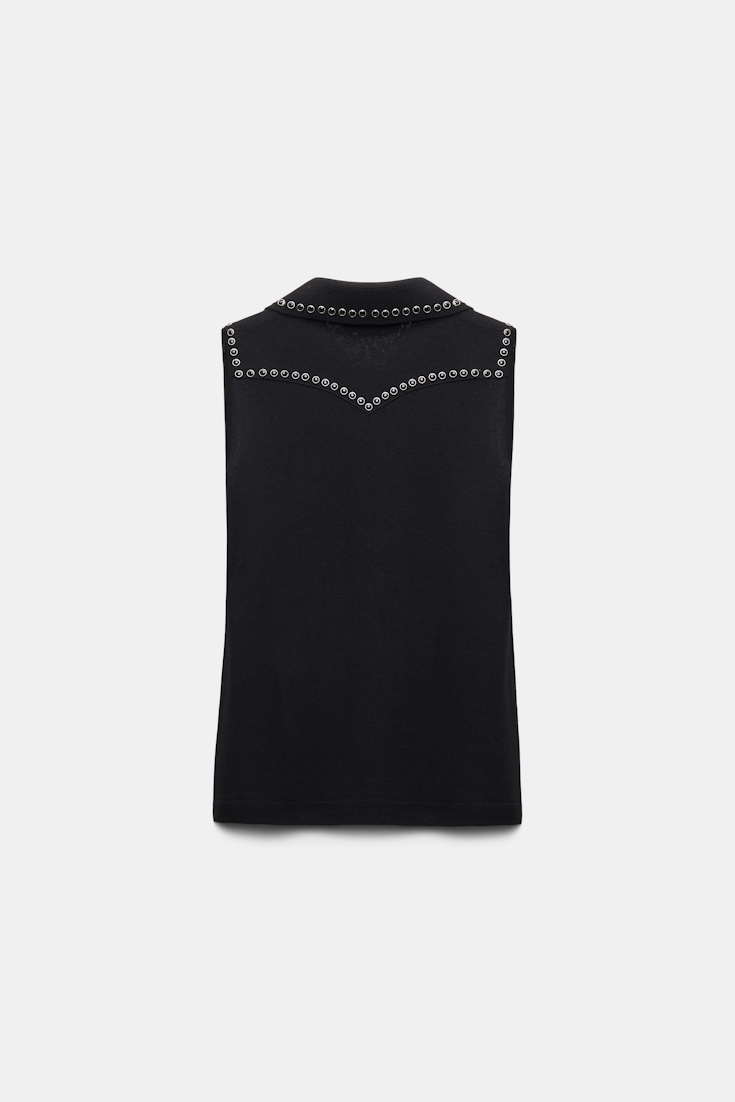 Dorothee Schumacher Embellished sleeveless knit shirt with polo collar pure black