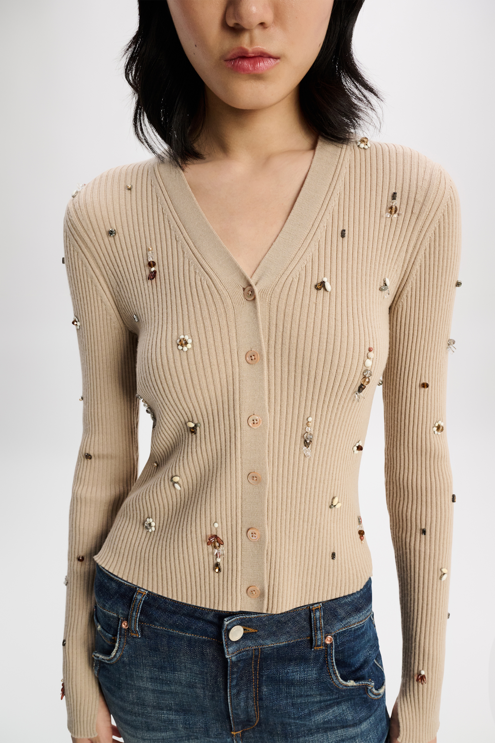 Dorothee Schumacher Embellished fine rib Merino twinset beige