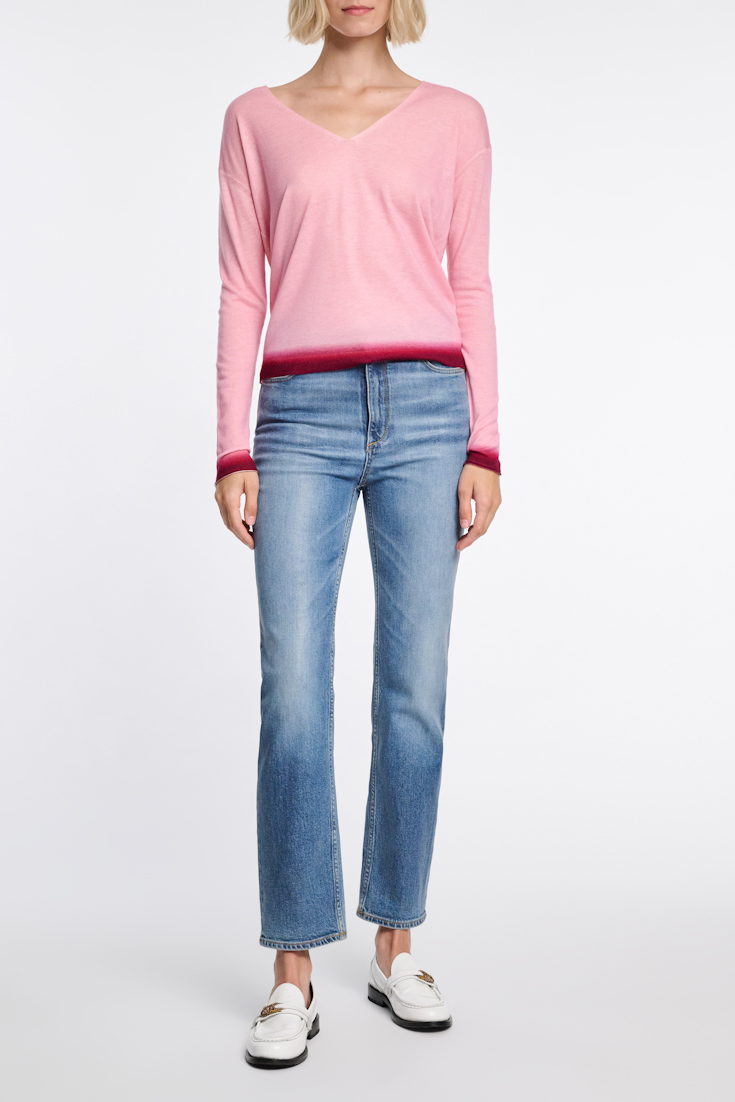 Dorothee Schumacher V-neck pullover with gradient color print hem pink mix