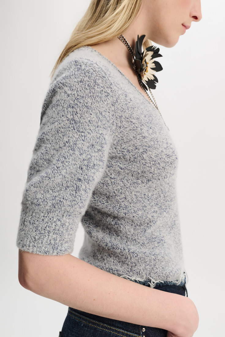 Dorothee Schumacher Cashmere blend short sleeve knit top blue and white melange