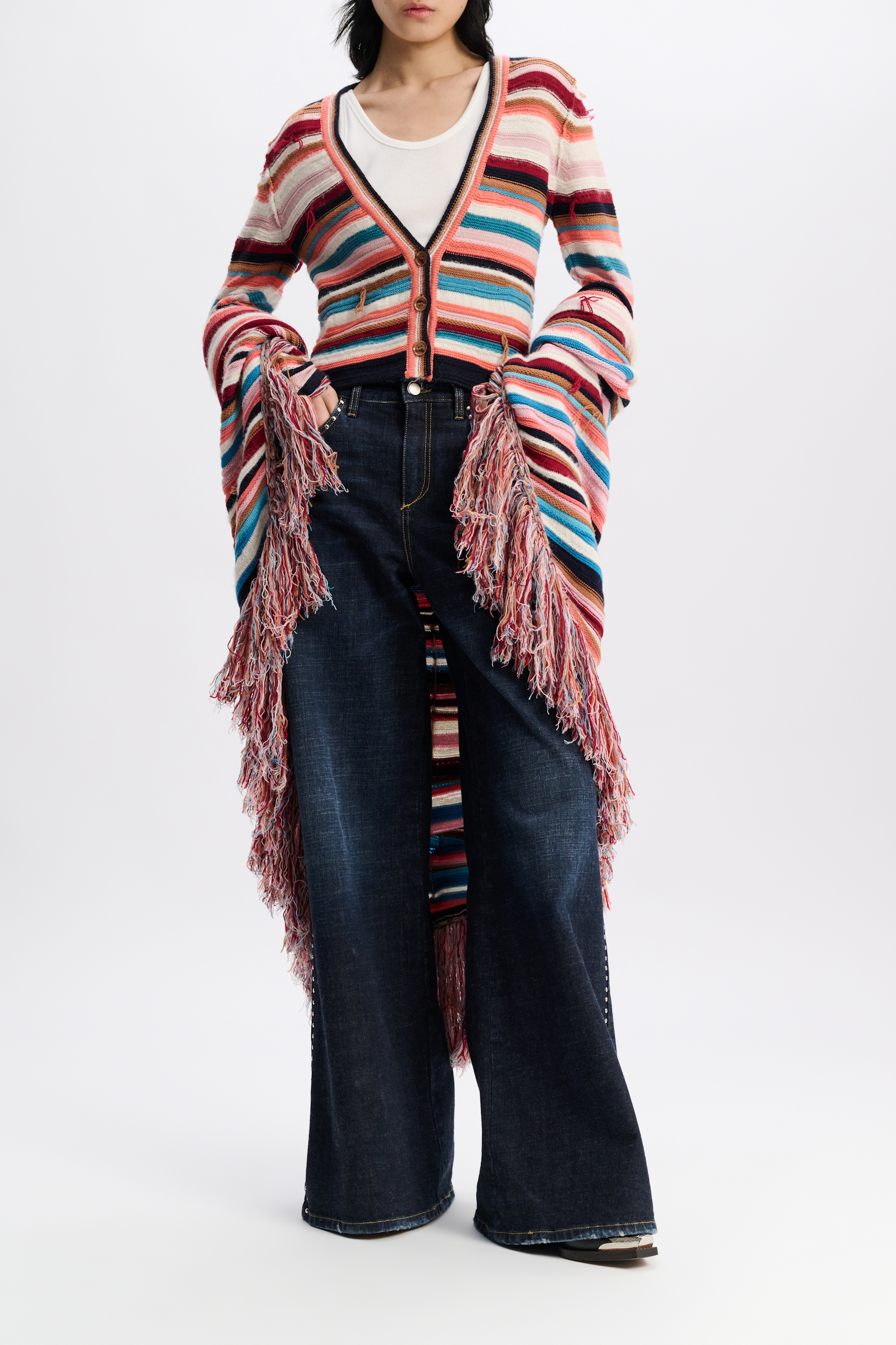 Dorothee Schumacher Striped mixed knit V-neck cardigan multicolor stripe