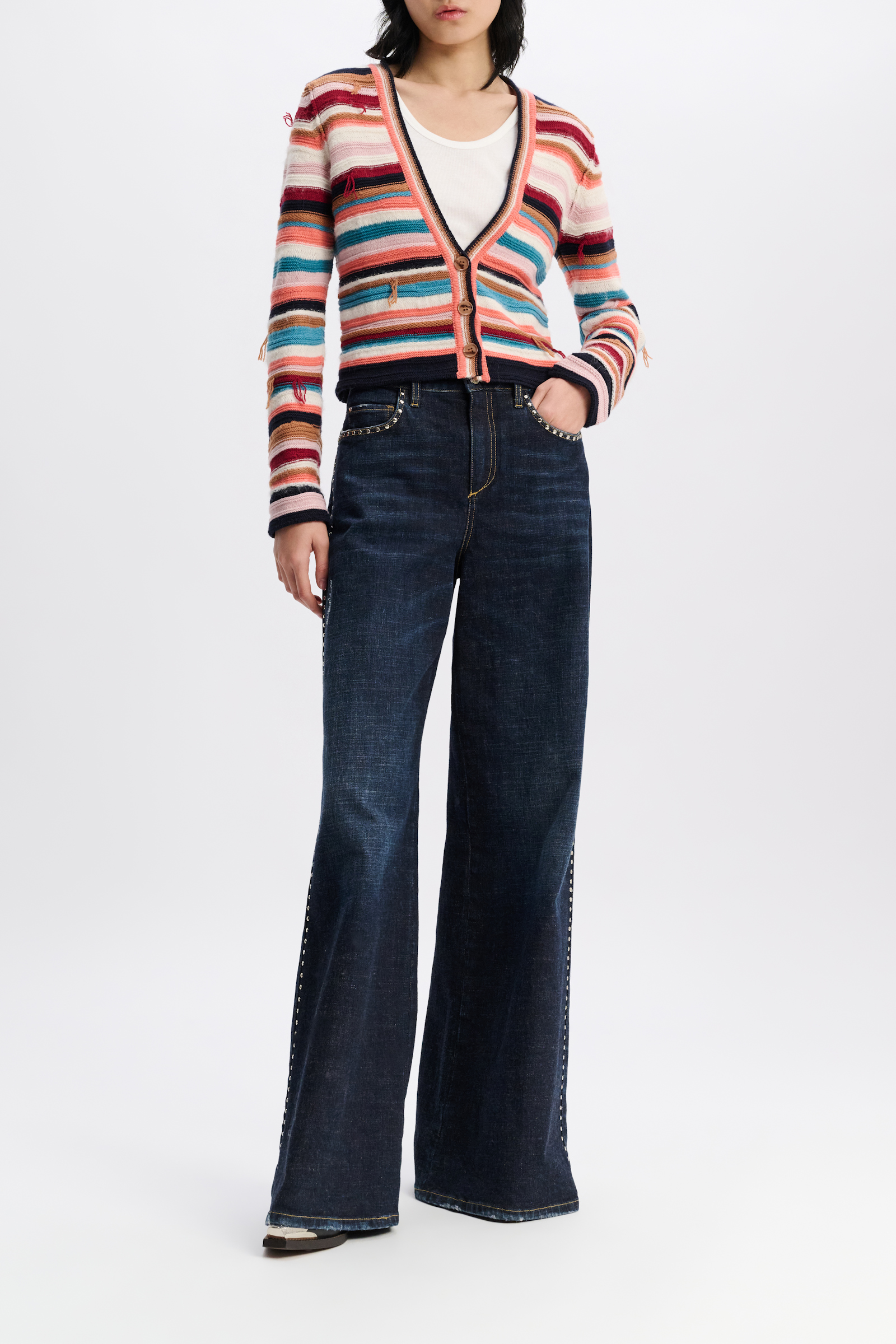 Dorothee Schumacher Striped mixed knit V-neck cardigan multicolor stripe