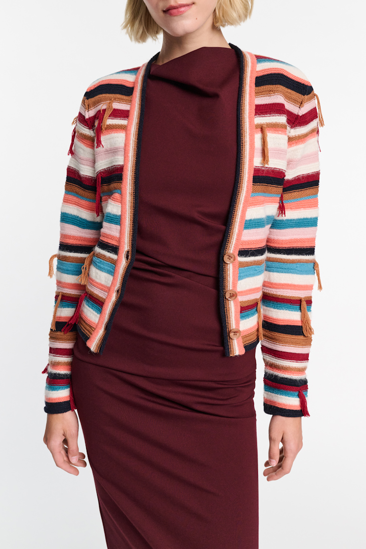 Dorothee Schumacher Striped mixed knit V-neck cardigan multicolor stripe