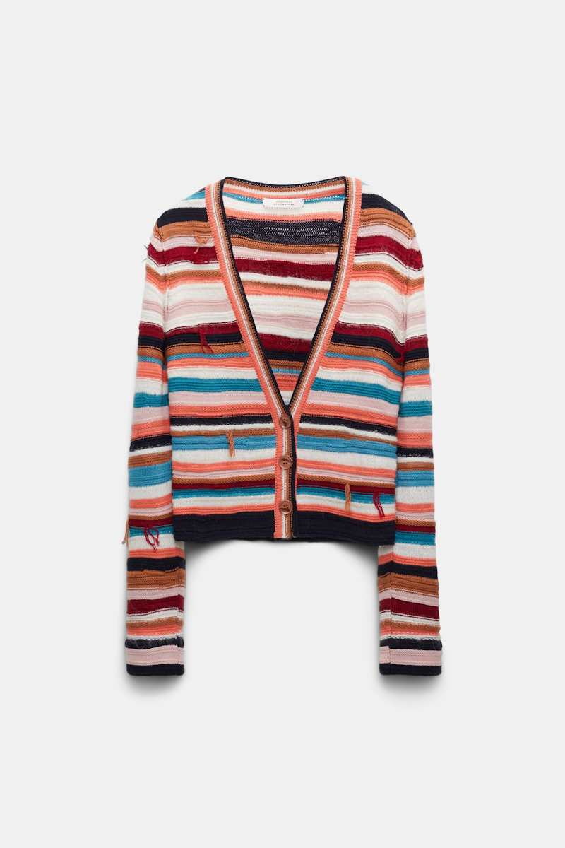 Shop Dorothee Schumacher Striped Mixed Knit V-neck Cardigan In Multi Colour