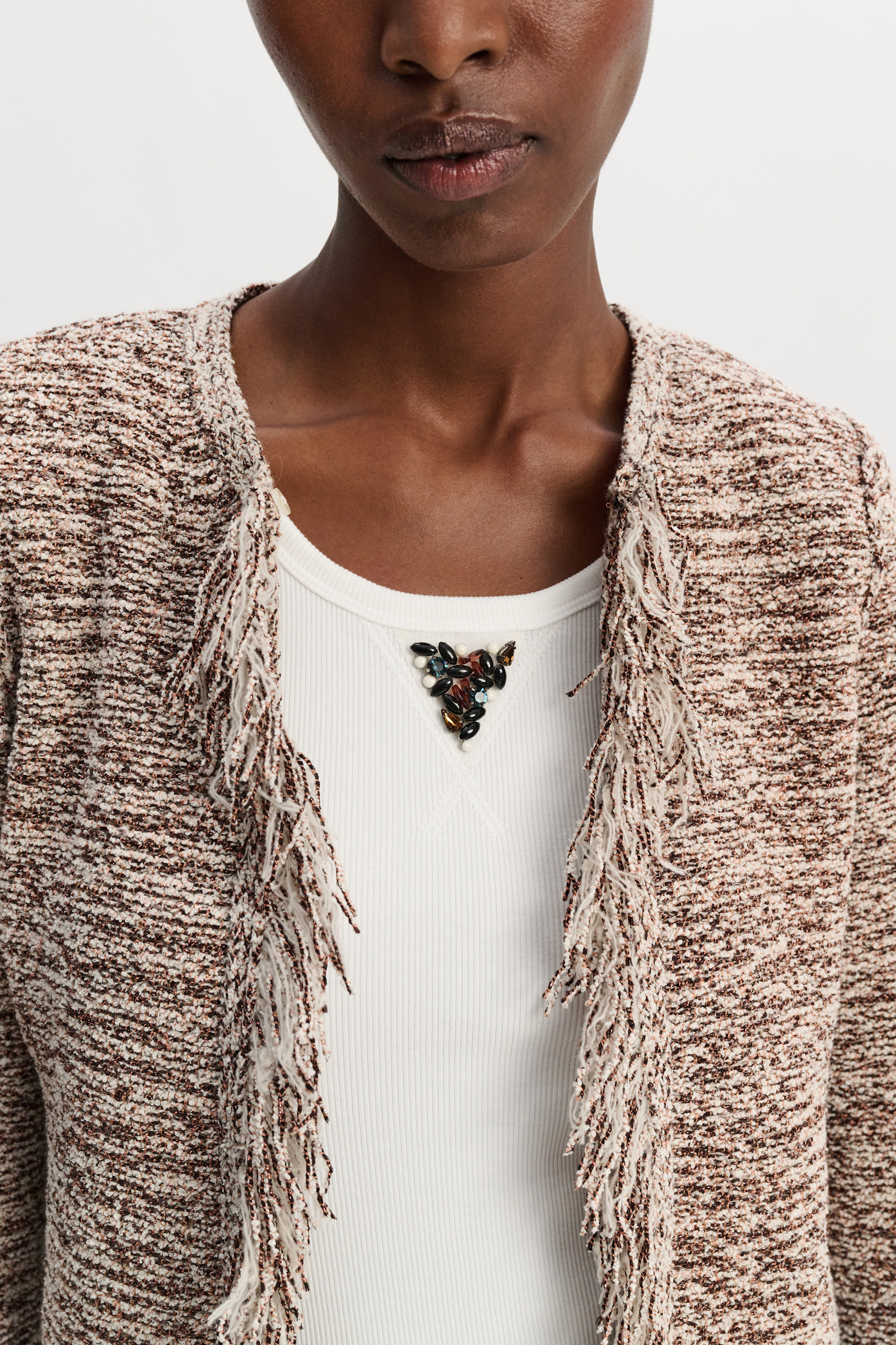 Dorothee Schumacher Metallic cotton-mix cropped cardigan with fringe colorful brown mix