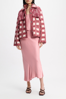 Dorothee Schumacher Plaid knit jacquard jacket with XL fringe pink check mix