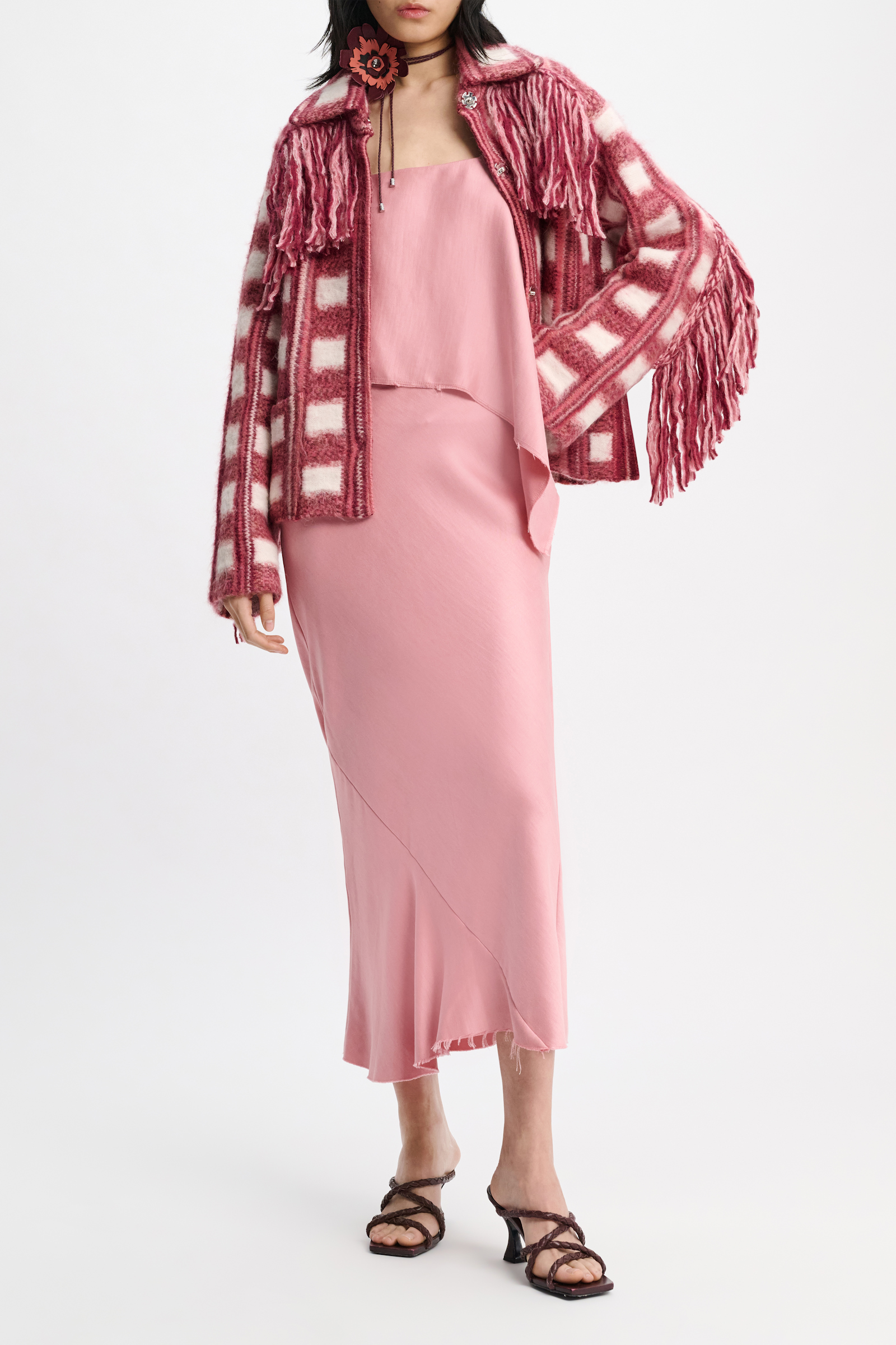 Dorothee Schumacher Plaid knit jacquard jacket with XL fringe pink check mix